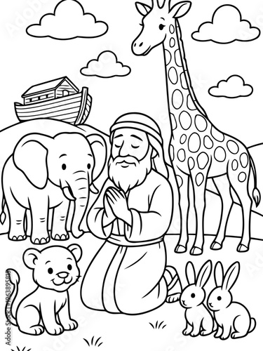 Noah's Ark Illustration: An illustration depicts the biblical tale of Noah, surrounded by animals and the ark, symbolizing faith and preservation.