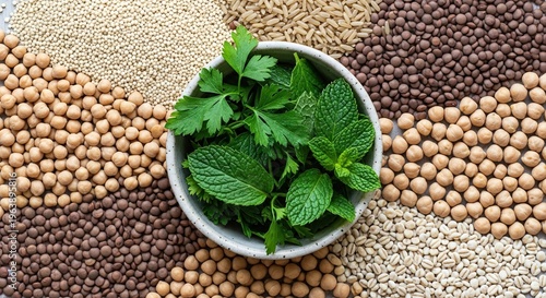 Assortment of Legumes and Fresh Herbs in Bowl - Healthy Food Ingredients