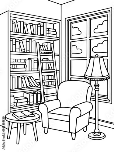 Cozy Reading Corner: An inviting reading nook featuring a well-stocked bookshelf, a comfortable armchair, a vintage lamp, and a quaint side table with a book.