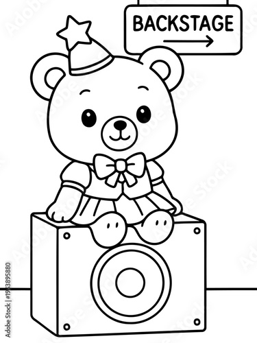 Teddy Bear's Backstage Adventure: A charming illustration depicts a teddy bear perched atop a speaker, ready for its backstage debut.