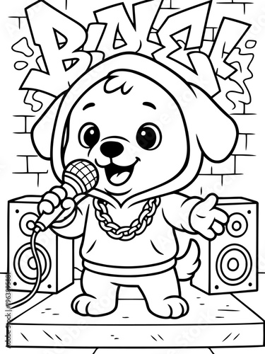 Pup's Hip Hop Dream: A lively, cartoon-style puppy, dressed in trendy attire, joyfully belts out a song, clutching a microphone with a backdrop of graffiti-style art.