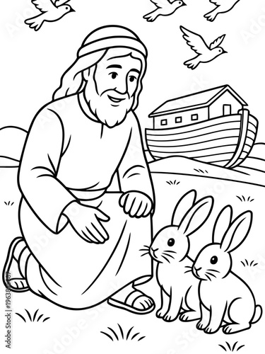 Noah and Animals: Illustrative artwork of Noah, alongside the ark and a pair of rabbits, while doves take flight in the sky, conveying the biblical narrative.