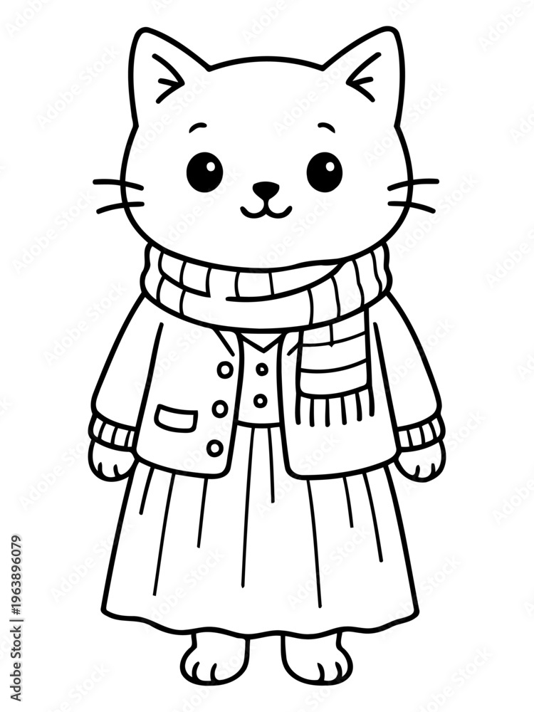 Obraz premium Stylish Kitty in attire: A charming, outlined illustration of a fashionable cat, adorned with stylish clothing and accessories, radiating an aura of elegance and grace.