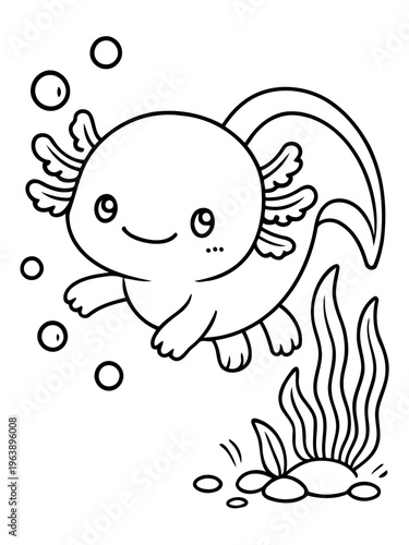 Cheerful Axolotl Undersea Cartoon: A delightful, cartoon-style depiction of an axolotl swimming in its underwater habitat, surrounded by bubbles and aquatic plants.