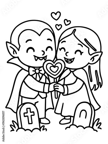 Spooky Sweethearts: A pair of adorable vampire characters sharing a heart-shaped lollipop, radiating love and happiness in a whimsical Halloween setting.