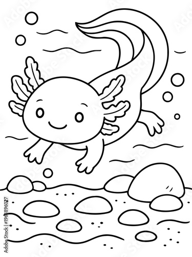 Axolotl in Underwater Scene: A charming, outlined illustration of an axolotl playfully swims amongst bubbles and stones, creating a sense of underwater exploration and fun.