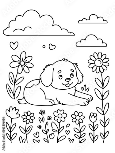 Puppy's Serene Daydream: A charming line art illustration of a cheerful puppy, surrounded by whimsical flowers and fluffy clouds, evoking a sense of gentle playfulness and pure delight.