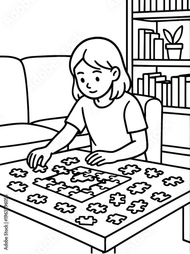 Jigsaw Puzzle Solved: A young individual focuses intently on a table, meticulously placing the final pieces of a challenging jigsaw puzzle. 