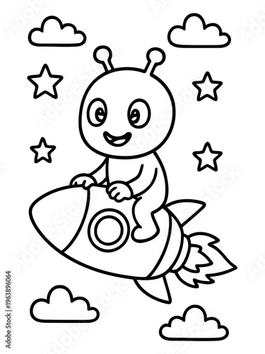 Galactic Adventure: A whimsical alien embarks on a cosmic journey aboard a vibrant rocket, soaring among the stars and fluffy clouds.
