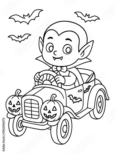 Halloween Vampire Cartoon Driving Car: A cheerful cartoon vampire merrily drives a spooky Halloween car adorned with pumpkin lights and bat emblems, accompanied by hovering bats. 
