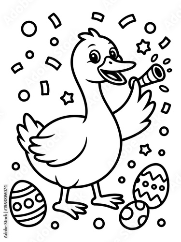 Duckling's Easter Celebration: A cheerful cartoon duckling is shown celebrating Easter by joyfully tooting a party horn.