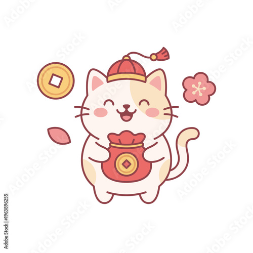 Lucky Cat Holding Money Bag and Gifts Chinese New Year