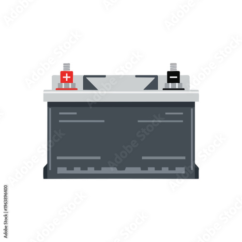 Flat illustration of a dark gray battery with red positive and black negative terminals
