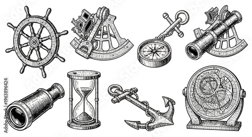 Vintage Nautical Navigation Equipment Set Hand Drawn Sketch