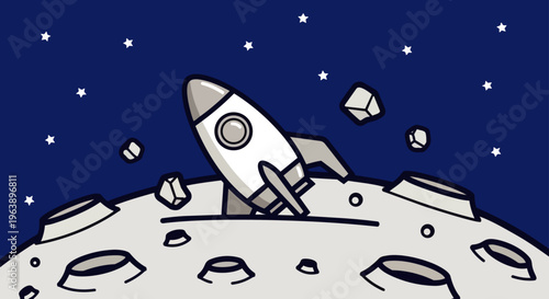 cartoon rocket landing on a cratered moon surface under a starry night sky representing space exploration and science fiction