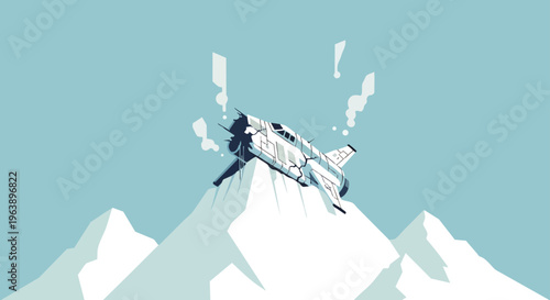 crashed spaceship on a snowy mountain peak in an arctic environment a dangerous emergency landing and science fiction wreck.