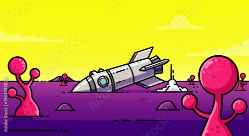 crashed rocket on vibrant alien planet unique pink alien plants observing an extraterrestrial space exploration sci-fi scene.