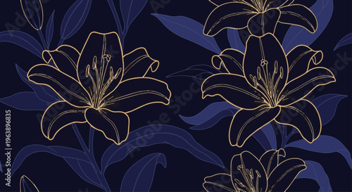 floral pattern with elegant dark blue lily flowers and leaves perfect for sophisticated seamless textile or wallpaper designs