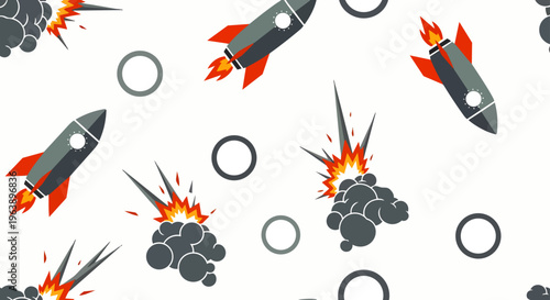 dynamic seamless pattern of space rockets and explosions with geometric rings ideal for futuristic technology and science concepts