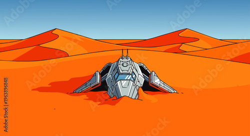 futuristic spaceship partially buried in orange desert with sand dunes under clear blue sky evoking sci-fi exploration.