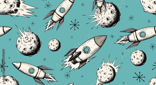 retro space seamless pattern a vintage rocket and moons soaring through outer space evoking science fiction themes for design.