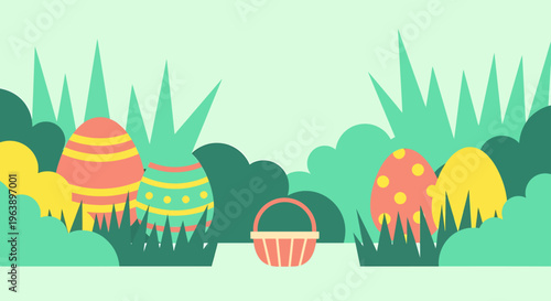 easter eggs and a basket hidden in green grass illustrating a cheerful spring holiday egg hunt perfect for seasonal designs.