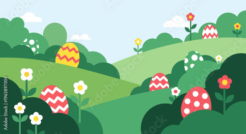 easter eggs hidden in a vibrant spring landscape with rolling green hills and colorful flowers ideal for festive holiday designs.