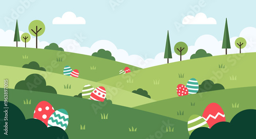 easter eggs hidden across a vibrant spring landscape with rolling green hills and bushes under a blue sky ideal for holiday designs.