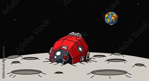 red space module crash landed on the moons cratered surface with earth visible in the distant starry sky illustrating cosmic exploration.