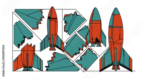 rocket and spaceship pieces form a shattered puzzle design illustrating technological assembly and deconstruction a concept of innovation.