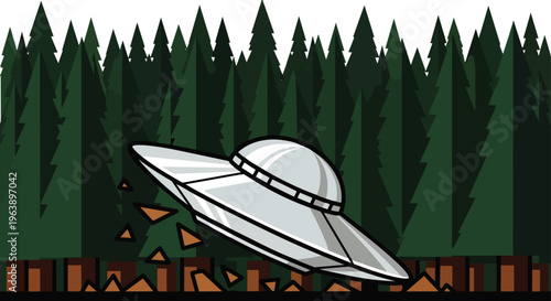 ufo crash spaceship forest alien cartoon illustration of a flying saucer crash-landing in a dense pine tree forest