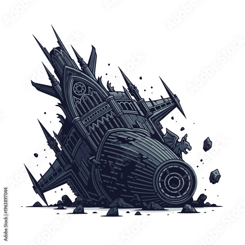 gothic spaceship crashed vehicle a dark fantasy architectural ruin fallen amidst debris ideal for concept art and game design