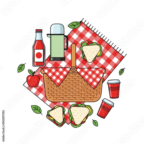 Picnic basket, thermos, bottle, apple, sandwiches, cups, and leaves on blanket
