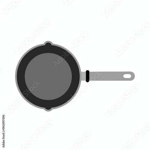 A simple, modern, flat illustration of a gray cooking pan with a black rim and handle