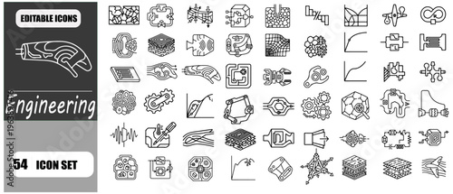 Abstract Engineering and Industrial Technology Vector Line Icon Set Featuring Mechanical Systems, Thermodynamics, Structural Analysis, Fluid Dynamics, Materials Science, Robotics, and Advanced Manufac