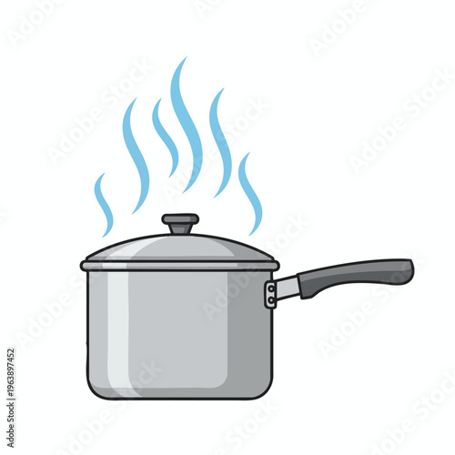 A silver pot with a lid emits blue steam, signaling it is cooking