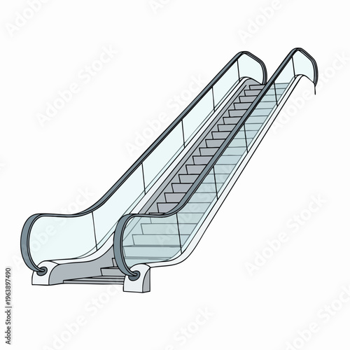Modern escalator with glass railings, metallic gray steps, and light blue accents