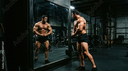 Muscular man posing in gym mirror reflecting strength and fitness
