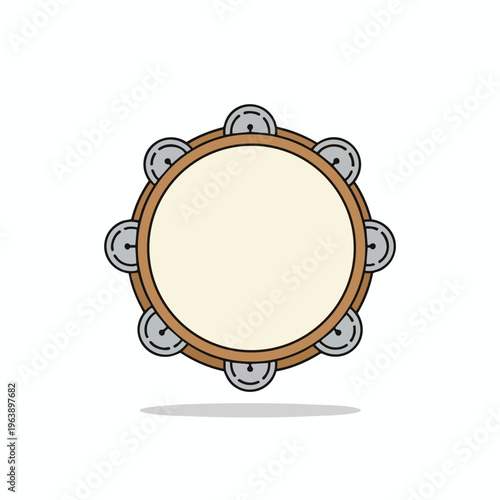 Simple cartoon image of a tambourine with a pale yellow membrane and jingles