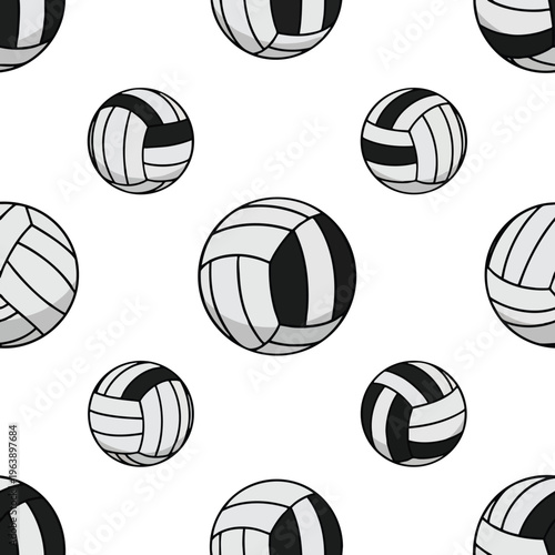 Seamless pattern of classic black and white volleyballs on a white background