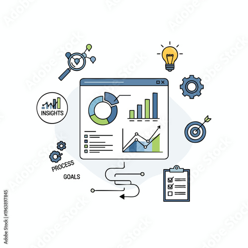 Illustration of business analytics, charts, graphs, and workflow