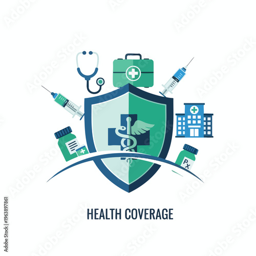 Shield with medical icons and text "HEALTH COVERAGE
