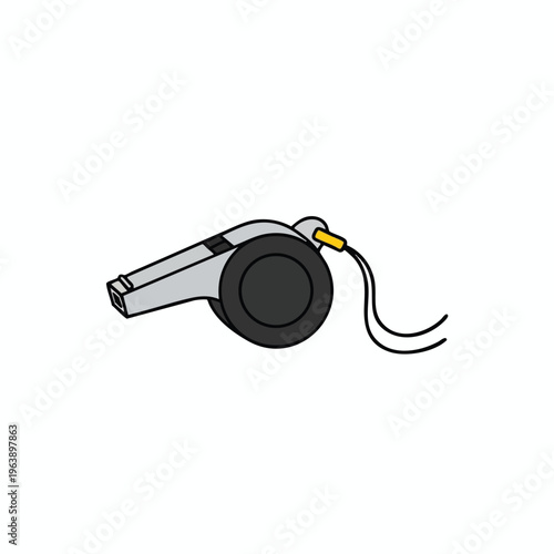 A flat illustration of a silver whistle with a black mouthpiece and lanyard