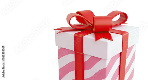 Pink gift box with red ribbon and bow, isolated on white background