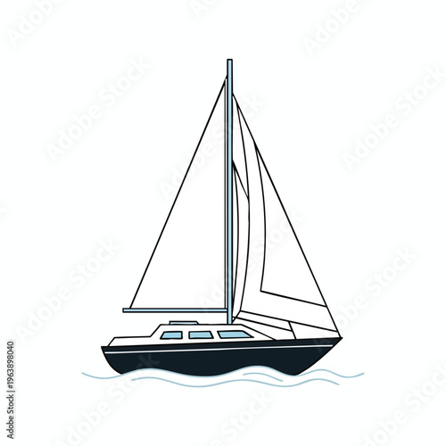 Minimalist sailboat with dark hull on wavy light blue water