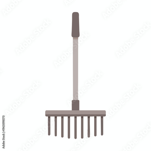 Simple flat illustration of a garden rake with a long handle and ten tines