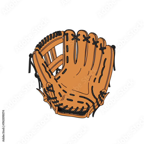 A close-up illustration of an open, brown baseball glove with black laces and stitching