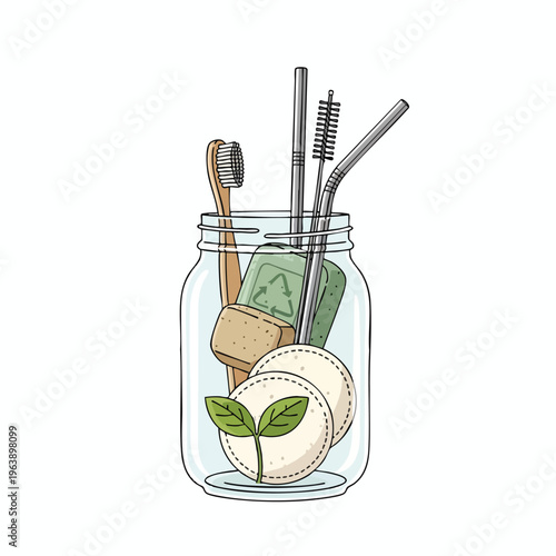 A glass jar holds reusable items toothbrush, sponges, soap, straws, and cotton pads