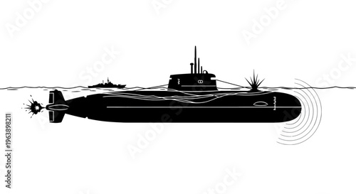 Black Submarine Underwater with Propeller.