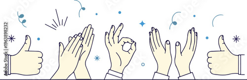 Minimalist line art hand gestures set, clapping hands and thumbs up icons, ok sign and applause symbols with blue confetti for success